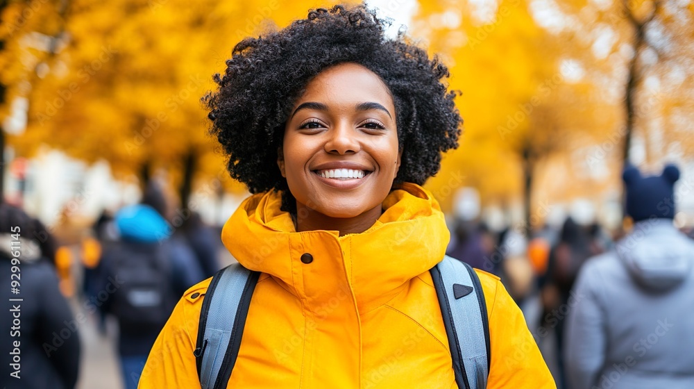 Smiling African American Student Wearing Jacket Walking on Campus in Fall Smiling African American Student Wearing Jacket Walking on Campus in Fall