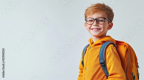 A happy boy wearing glasses and a backpack poses against a clean, white background, offering ample space for text.