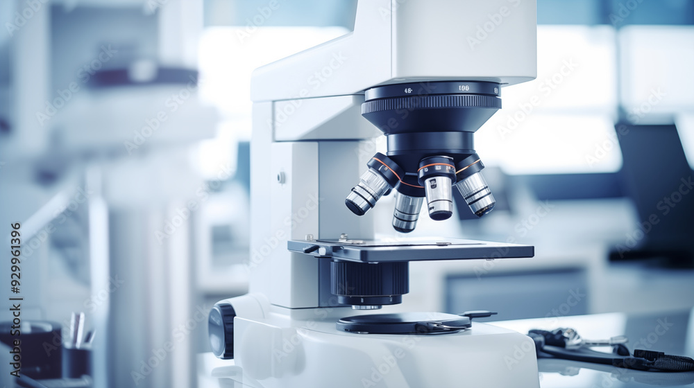 Photos of microscope with metal lens in laboratory. white modern laboratory Photos of microscope with metal lens in laboratory. white modern laboratory