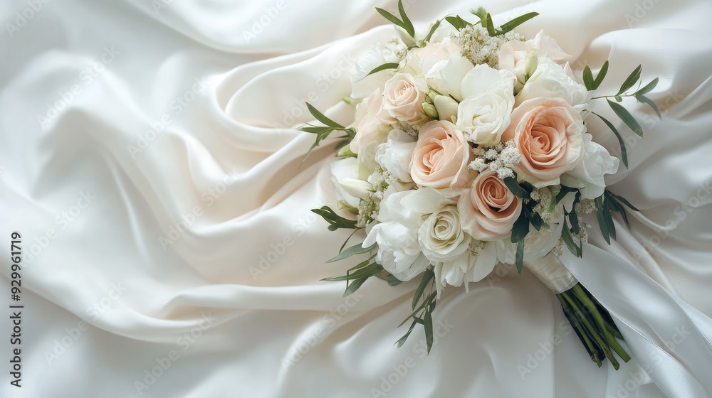 A wedding bouquet adorned with satin ribbon, isolated on a simple background, highlighting the elegance of the arrangement. A wedding bouquet adorned with satin ribbon, isolated on a simple background, highlighting the elegance of the arrangement.