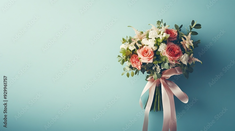 Fototapeta premium A wedding bouquet adorned with satin ribbon, isolated on a simple background, highlighting the elegance of the arrangement.