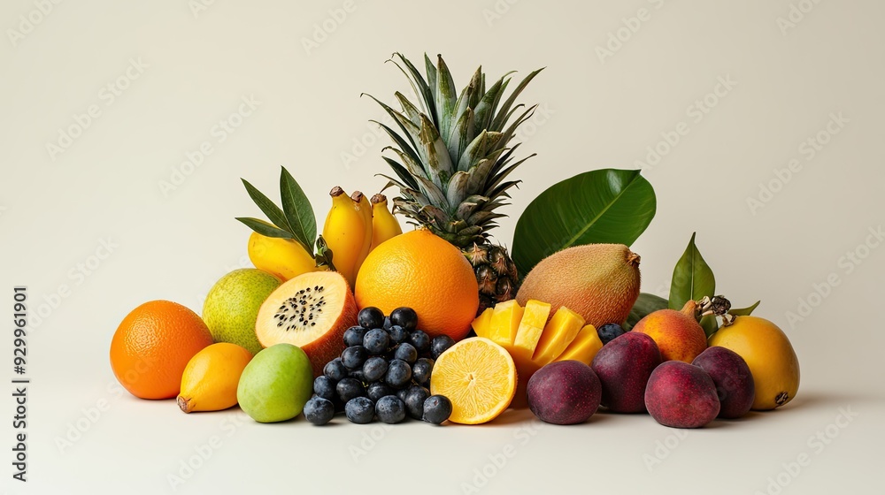 Abstract arrangement of assorted tropical fruits on a clean background, providing ample space for copy or additional design. Abstract arrangement of assorted tropical fruits on a clean background, providing ample space for copy or additional design.