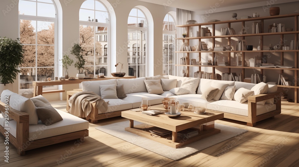 Obraz premium A large living room with a white couch, a coffee table, and a potted plant