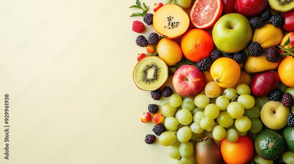 Abstract composition of various fresh fruits on a clean background, offering plenty of space for copy or additional design.