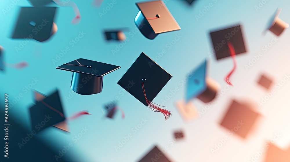 Abstract graduation caps float in the air, framed by a soft gradient background, ideal for designs requiring open space. Abstract graduation caps float in the air, framed by a soft gradient background, ideal for designs requiring open space.