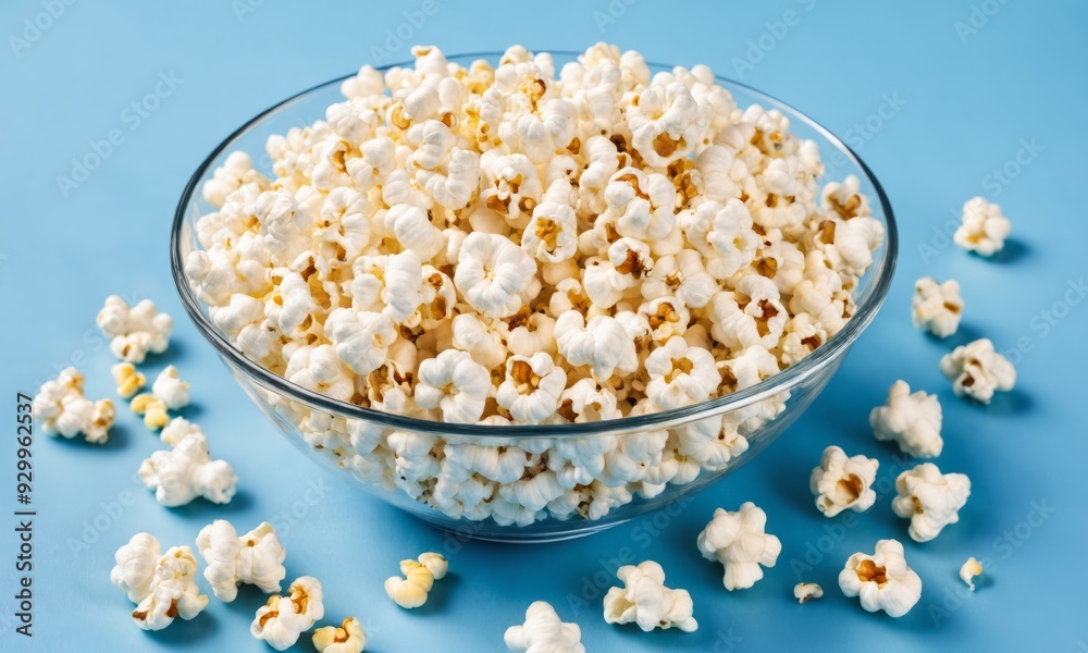 Glass bowl filled with popcorn on a blue background Glass bowl filled with popcorn on a blue background