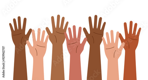 Human hands raised up isolated on white background. Voting concept. Racial equality concept. Friendship concept. Concept of struggle for rights.
