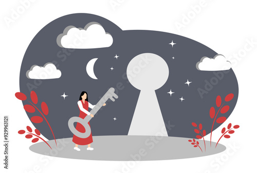 A woman with a key. The concept of success in life. Keyhole and keyhole