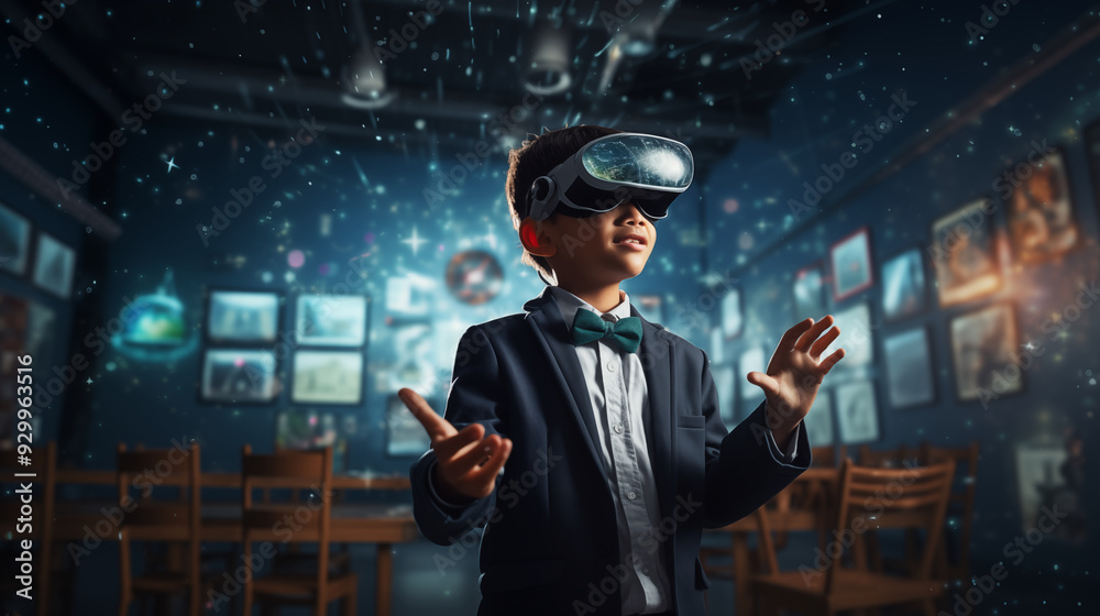School boy student wearing VR headset using AI artificial intelligence technology learning classroom, Smart tech School boy student wearing VR headset using AI artificial intelligence technology learning classroom, Smart tech