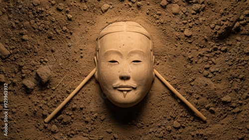 An artistic clay mask lying on the ground, Mausoleum of the First Qin Emperor, China photo