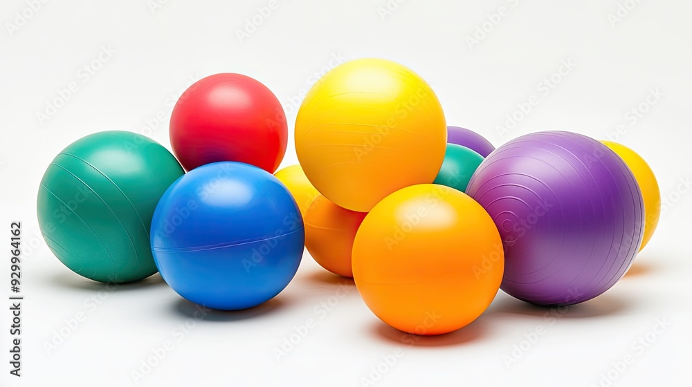Different-sized fitness balls arranged on a white background, providing a clear view of their variety and application. Different-sized fitness balls arranged on a white background, providing a clear view of their variety and application.