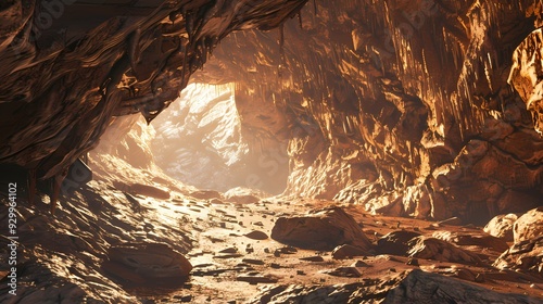 A natural cave with intricate rock formations, illuminated with soft, warm light photo