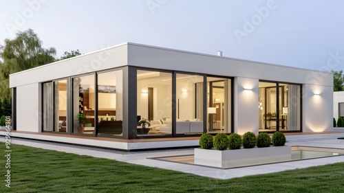 Modern house design featuring large glass windows and spacious outdoor area, perfect for contemporary living and relaxation.