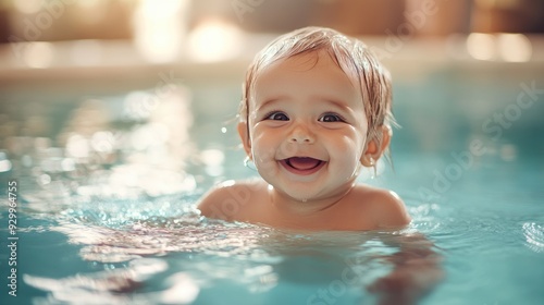 Joyful baby in a water pool, captured in a playful moment with a clean background to focus on their happiness.