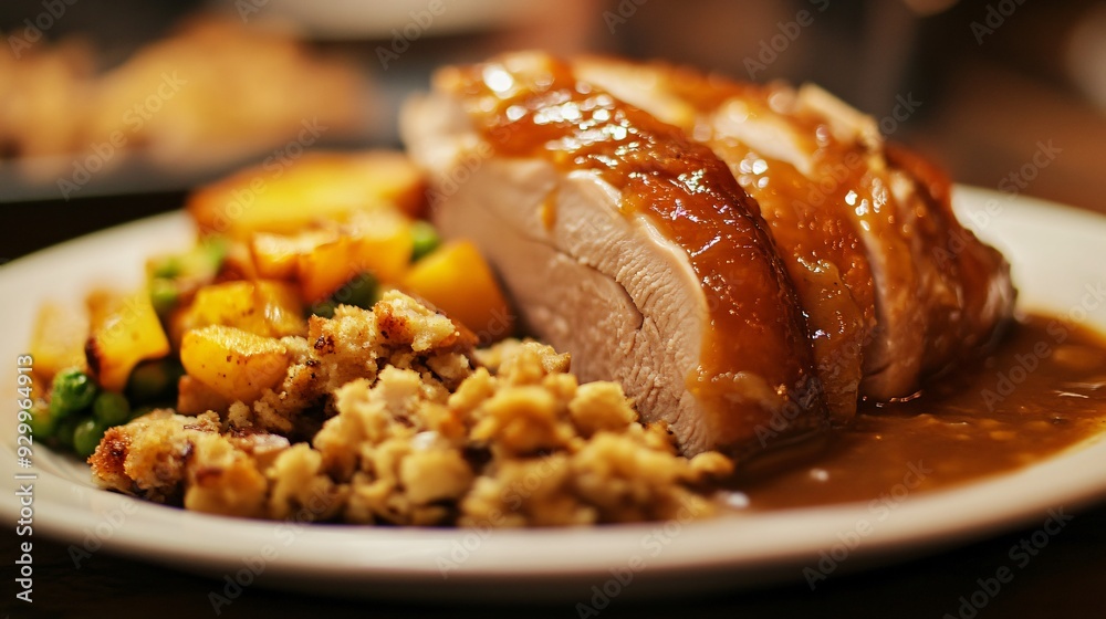 Close-Up of Thanksgiving Turkey with Gravy and Stuffing on a Plate Close-Up of Thanksgiving Turkey with Gravy and Stuffing on a Plate