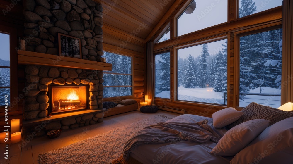 A cozy winter cabin featuring a glowing fireplace, soft bedding, and panoramic views of snow-covered trees, perfect for relaxation. A cozy winter cabin featuring a glowing fireplace, soft bedding, and panoramic views of snow-covered trees, perfect for relaxation.