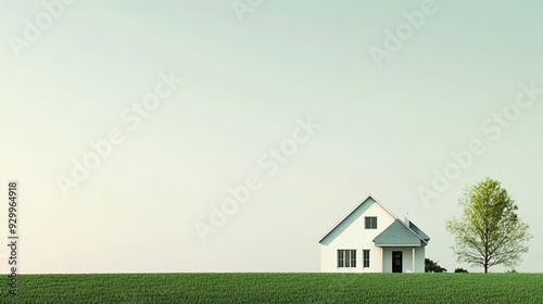 Minimalist design of a house on a green lawn, with ample space for text or graphics, set against a clean backdrop.