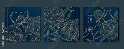 Vector set of floral, peony gold patterns, luxury leaf, flower cards, square line plant vintage ornament. 