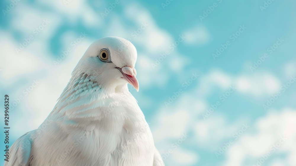 A close up of a white dove against a bright blue sky with soft clouds, symbolizing peace and tranquility A close up of a white dove against a bright blue sky with soft clouds, symbolizing peace and tranquility