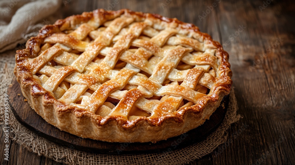 Traditional Apple Pie with Lattice Crust on a Rustic Wooden Table Traditional Apple Pie with Lattice Crust on a Rustic Wooden Table