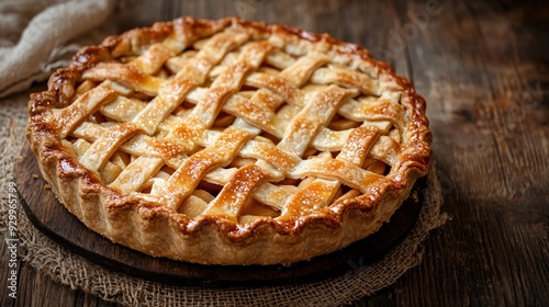 Traditional Apple Pie with Lattice Crust on a Rustic Wooden Table