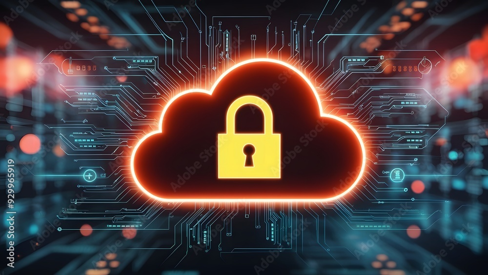 Abstract illustration of cloud security services, stylized cloud icon integrated with a secure padlock symbol, representing data protection and cybersecurity in cloud computing environments.