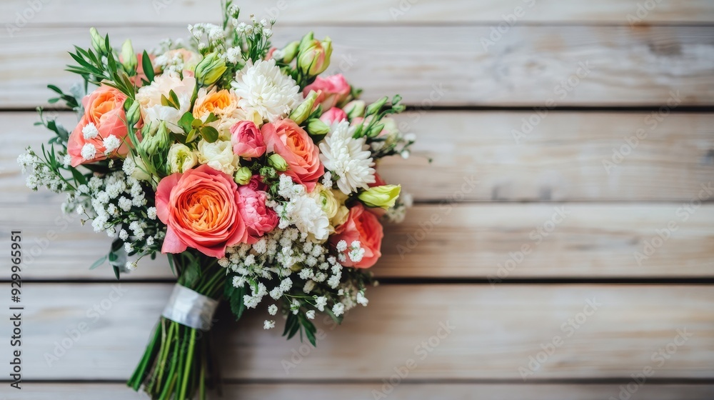Wedding bouquet viewed from above, placed on a wooden surface, with a clean white background for contrast.