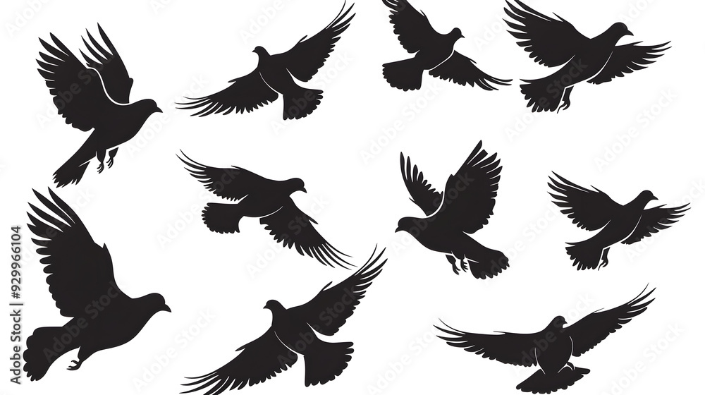 Silhouettes of flying pigeons on white background. Vector illustration. Silhouettes of flying pigeons on white background. Vector illustration.