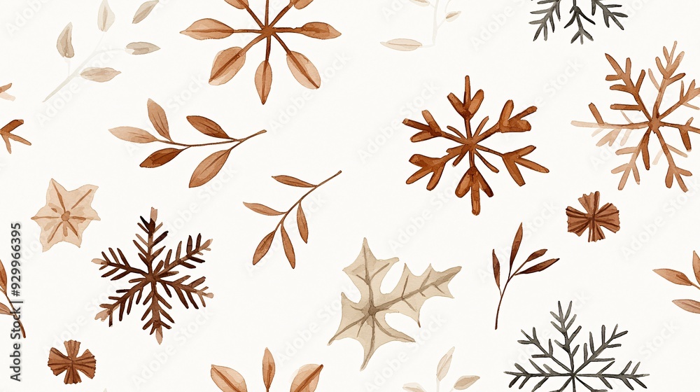 Rustic Winter Wonderland: A seamless pattern of delicate brown and gray snowflakes and leaves, evoking a cozy and natural winter ambiance. Rustic Winter Wonderland: A seamless pattern of delicate brown and gray snowflakes and leaves, evoking a cozy and natural winter ambiance.