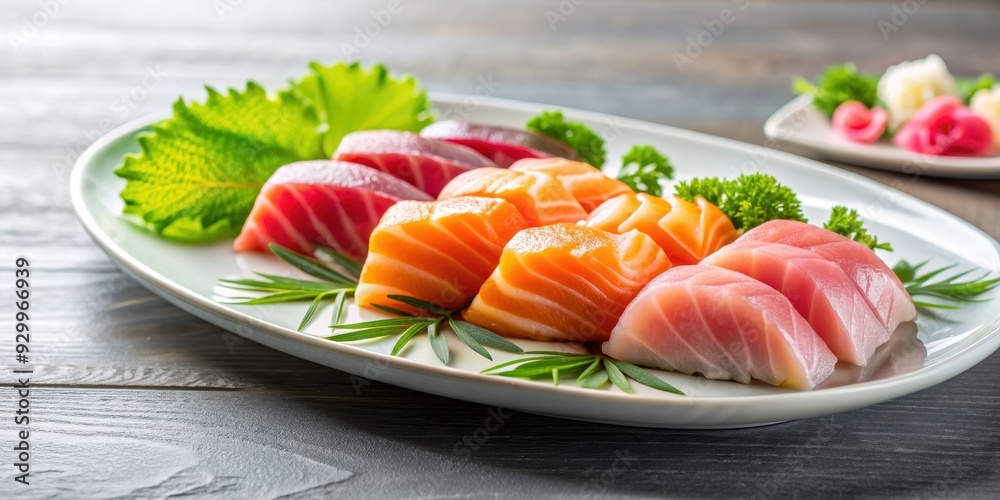 Fresh slices of raw sashimi sushi on a white plate, sashimi, sushi, Japanese cuisine, seafood, raw fish, fresh, gourmet, delicacy Fresh slices of raw sashimi sushi on a white plate, sashimi, sushi, Japanese cuisine, seafood, raw fish, fresh, gourmet, delicacy