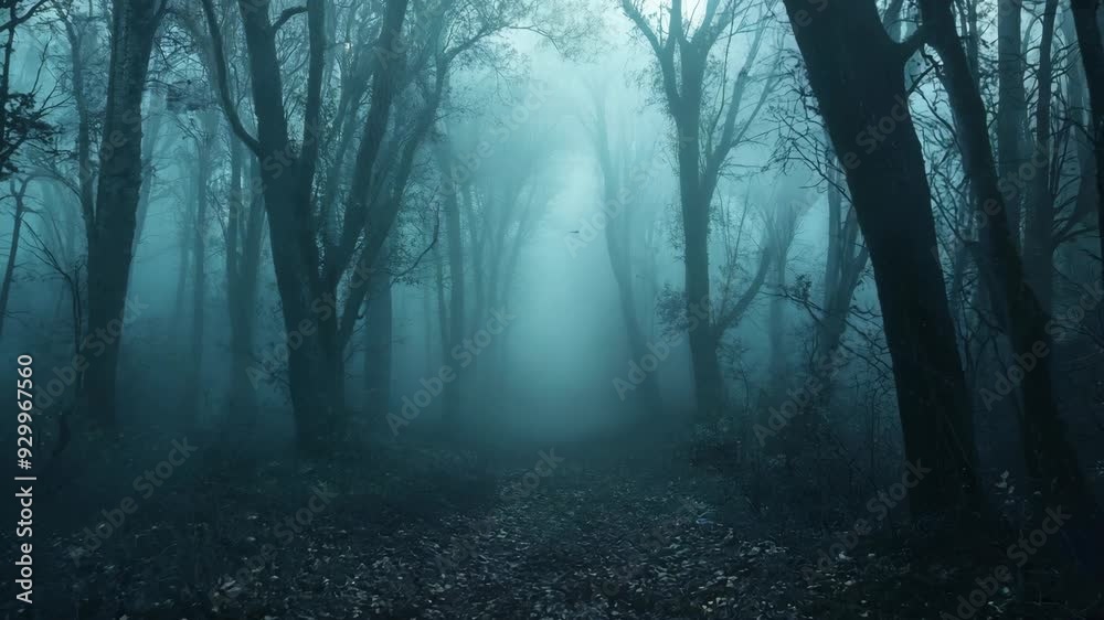 Misty forest at night with moonlight. Foggy wood path. Spooky and mysterious landscape. Halloween celebration concept
