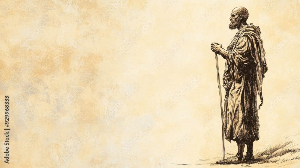 Naklejka premium Biblical Illustration of Zophar’s Speech on Humility - Zophar Standing Tall, Emphasizing the Importance of Humility Before God and the Futility of Human Pride, Beige Background
