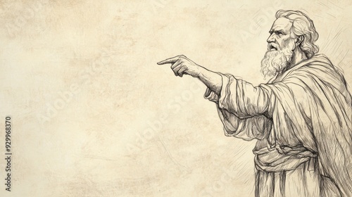 Biblical Illustration of Zophar’s Speech on God’s Wisdom - Zophar Pointing to the Heavens, Declaring God’s Wisdom is Higher than the Sky and Deeper than the Sea, Beige Background