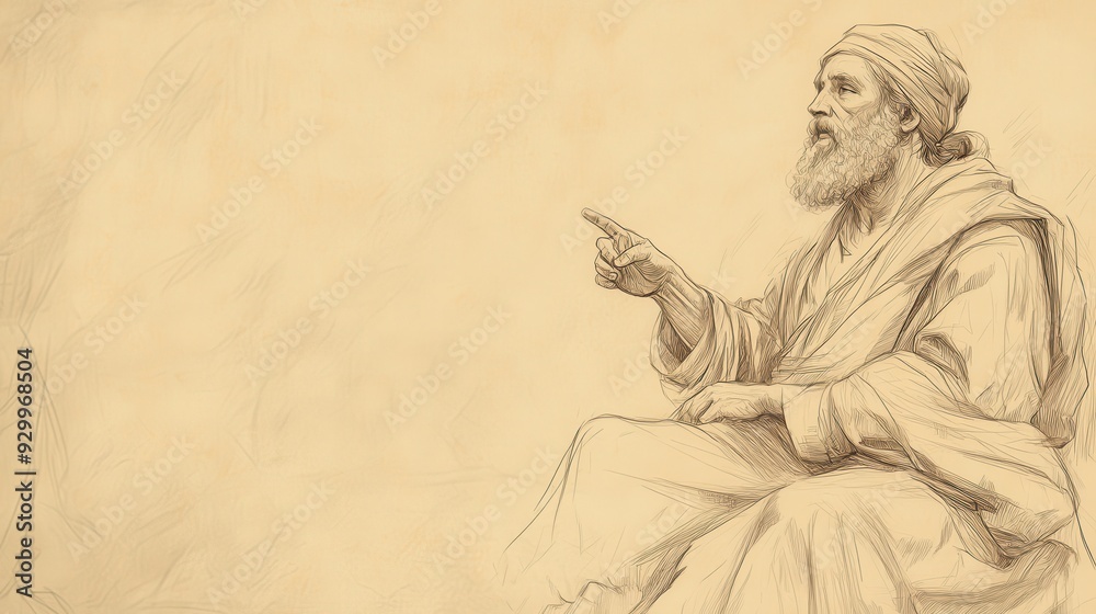 Fototapeta premium Biblical Illustration of Eliphaz Speaking on Divine Retribution - Eliphaz Seated Near Job, Pointing to the Ground as He Discusses the Inevitability of God’s Judgment, Beige Background