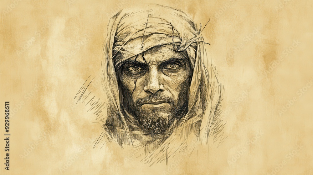 Fototapeta premium Biblical Illustration of Bildad’s Second Speech - Bildad with a Somber Expression, Recounting the Fate of the Wicked, Beige Background