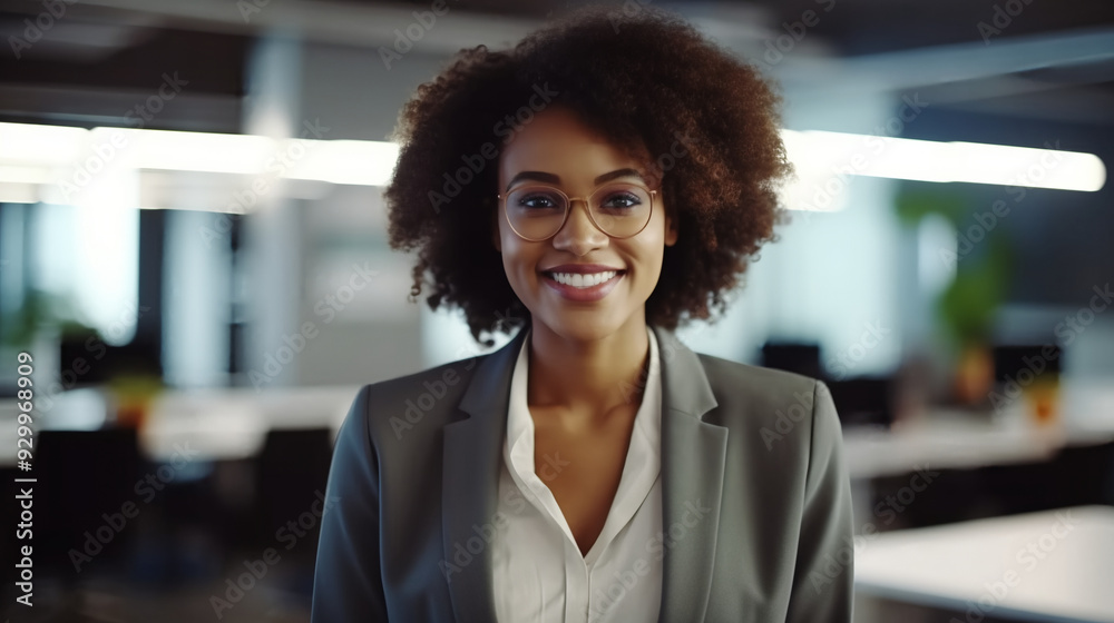 Fototapeta premium Portrait of a happy African American businesswoman in a modern office, looking at the camera and smiling.