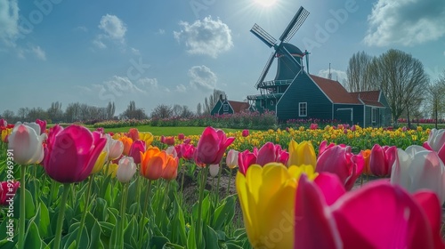 The windmill and tulip flower garden in the springtime landscape with the sun shining on the colorful tulip field and blue sky background.