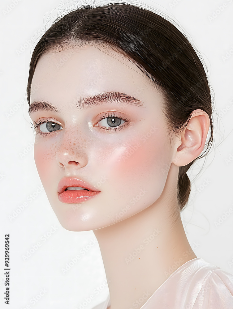 Elegant Model with Light Makeup and Peachy Lips, Dark Brown Hair in Updo, Soft Gray Eyes, Against a White Background Elegant Model with Light Makeup and Peachy Lips, Dark Brown Hair in Updo, Soft Gray Eyes, Against a White Background