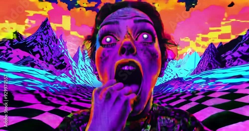 Psychedelic trippy video. Girl in another reality. Classical glitch.