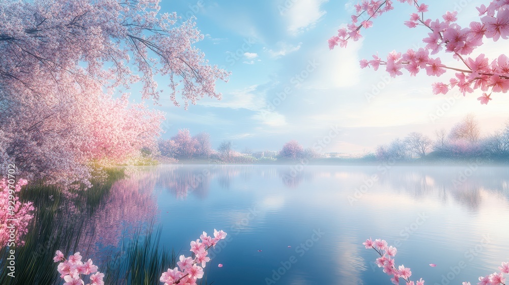 A serene landscape featuring cherry blossoms by a tranquil lake under a blue sky. A serene landscape featuring cherry blossoms by a tranquil lake under a blue sky.