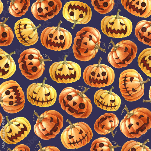 Halloween traditional smiling spooky pumpkins seamless pattern. Watercolor illustration. Hand drawn orange scary Halloween pumpkins on dark background. Holiday backdrop for wrapping, fabric, textile