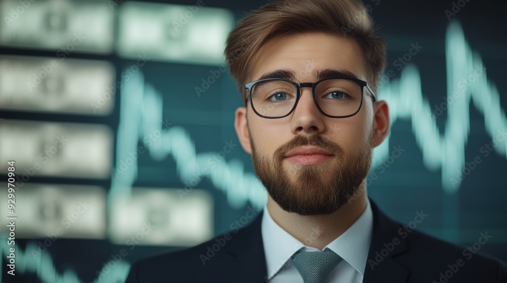 A man with glasses and beard in front of a stock chart, AI A man with glasses and beard in front of a stock chart, AI