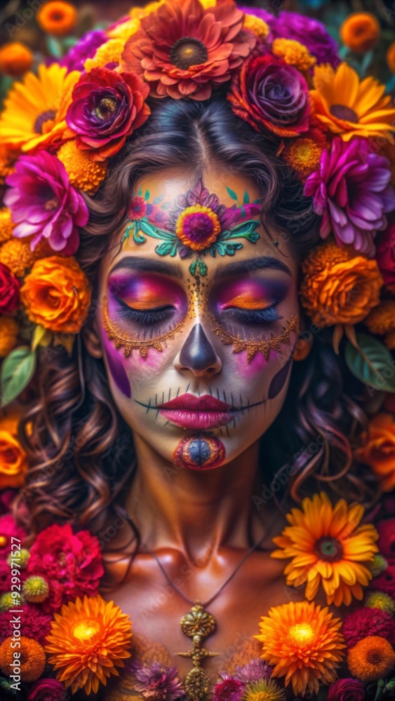 A woman is adorned with intricate Día de los Muertos face paint, which features vibrant, symmetrical patterns and a delicate skull design. A woman is adorned with intricate Día de los Muertos face paint, which features vibrant, symmetrical patterns and a delicate skull design.