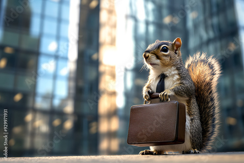 tadtleben mit Stil: Ein Eichhörnchen im Business-Look vor moderner Architektur photo