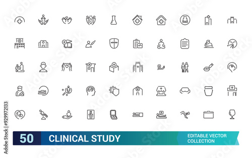 Clinical study and research line icon set. Collection and pack of linear web and ui icons. Editable stroke. Vector illustration.