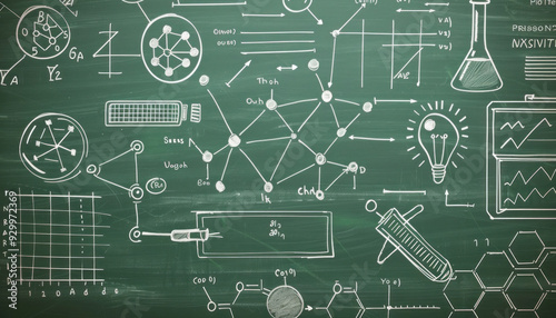 On the chalkboard, youll find drawings related to circuits, engineering, fonts, and electronics