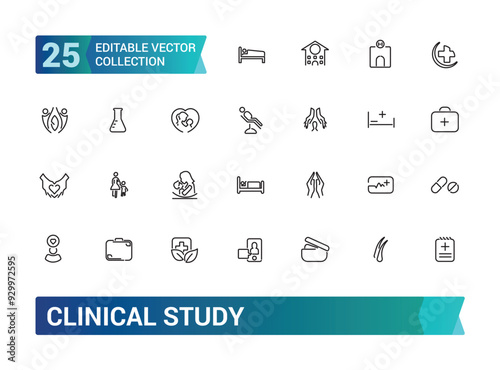 Clinical study and research line icon set. Collection and pack of linear web and ui icons. Editable stroke. Vector illustration.