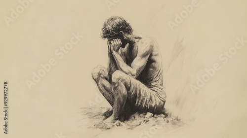 Biblical Illustration of Job Continuing His Plea - Job Sitting in the Ashes, Hands Clasped Together in a Prayer for Deliverance, His Face Showing Pain and Hope, Beige Background