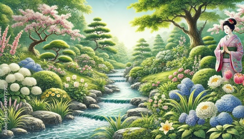 A peaceful garden with a traditional Japanese influence, featuring a serene stream surrounded by meticulously landscaped greenery, capturing the harmony and tranquility of Japanese garden design.