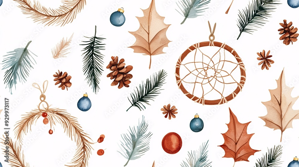 Winter Wonderland Watercolor Pattern: A whimsical and cozy seamless pattern featuring hand-painted watercolor elements like pine branches, dreamcatchers, leaves, and ornaments Winter Wonderland Watercolor Pattern: A whimsical and cozy seamless pattern featuring hand-painted watercolor elements like pine branches, dreamcatchers, leaves, and ornaments